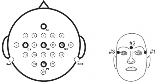  Figure 3 : Gauche : Montage des électrodes correspondant au système international 10-20. Droite : Montage des électrodes des trois canaux EOG monopolaires